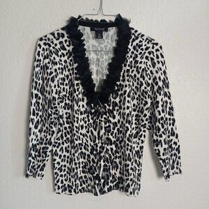 WHBM leopard print cardigan ruffle neckline Small